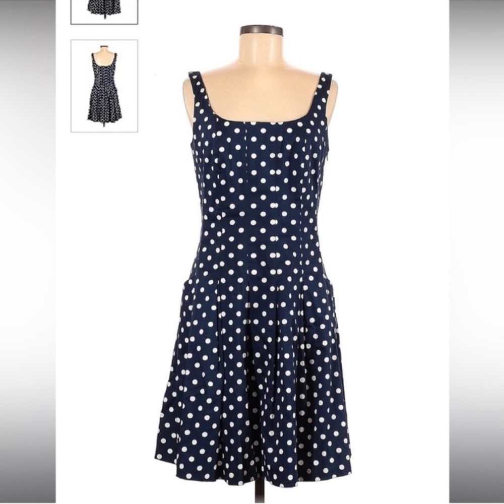 Lauren Ralph Lauren Navy Blue/White Polka Dotted A-Line/Flare Sleeveless Dress